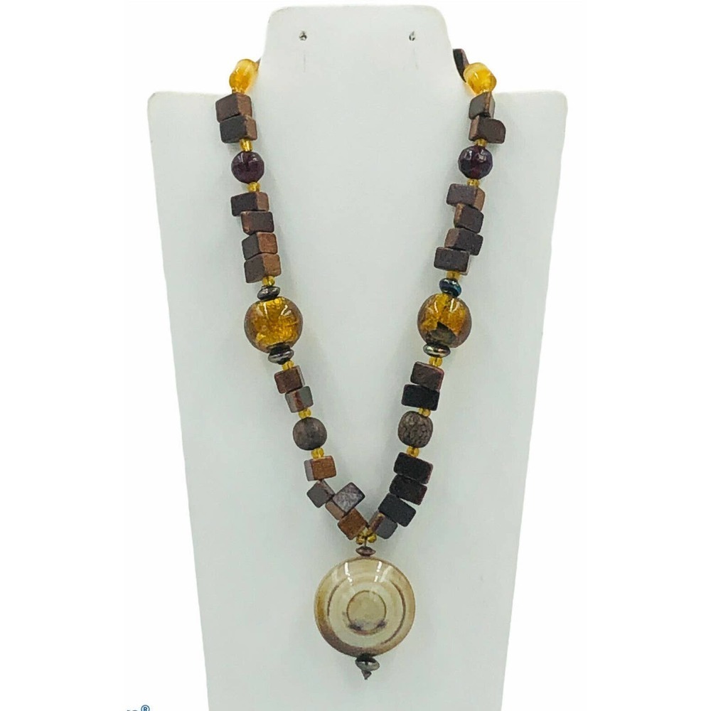 Natural WOOD Glass Bead Necklace Boho Pendant